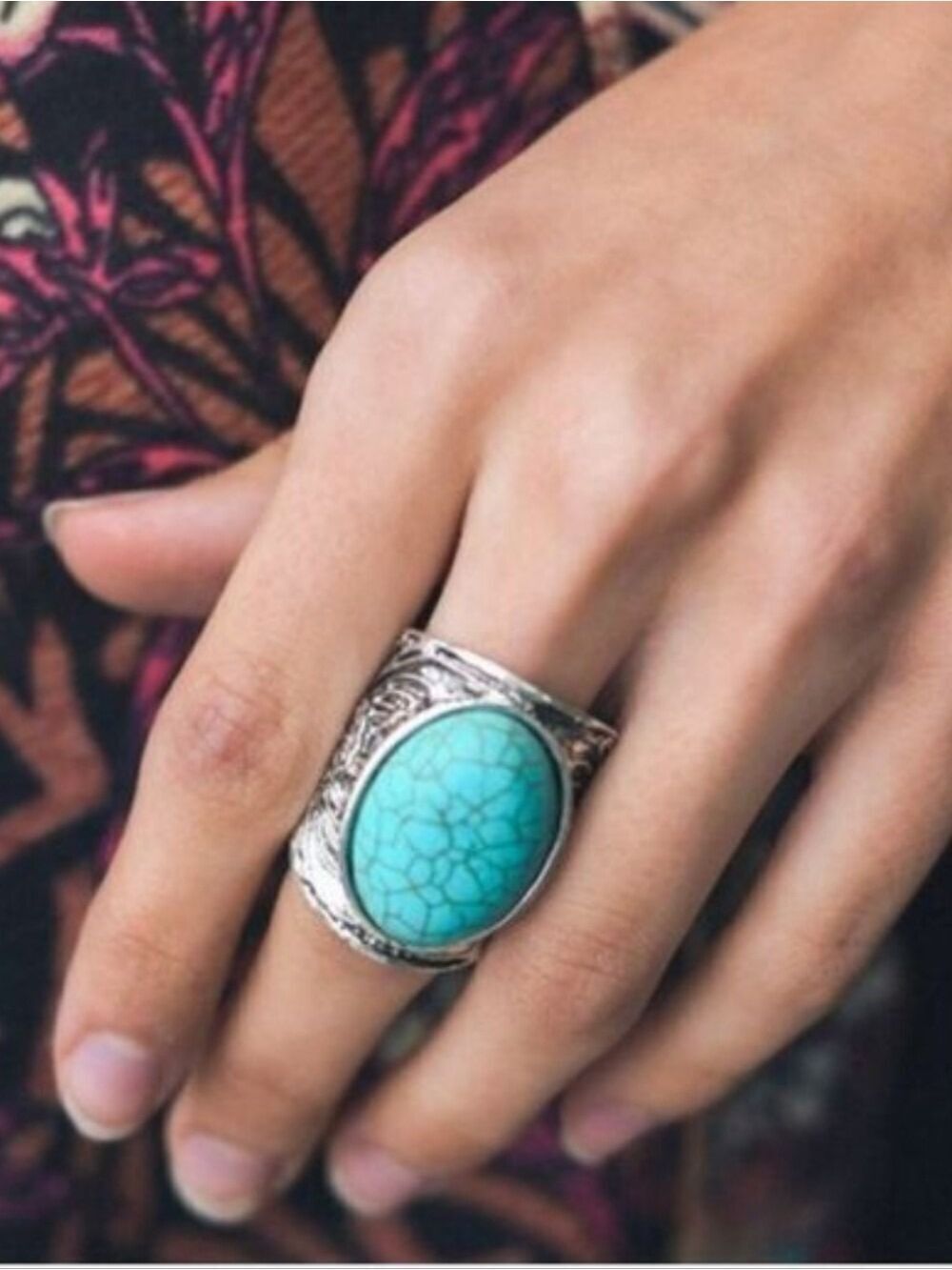 Trïbe Boho Round Turquoise Stone Silver Colored Adjustable Ring